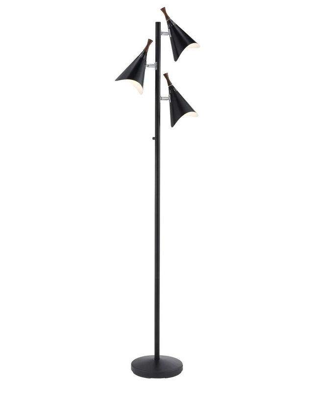 68" Black Three Light Tree Floor Lamp With Black Metal Cone Shade