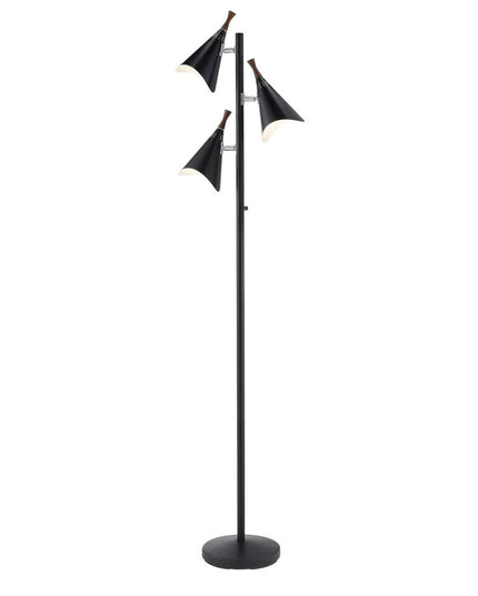 68" Black Three Light Tree Floor Lamp With Black Metal Cone Shade
