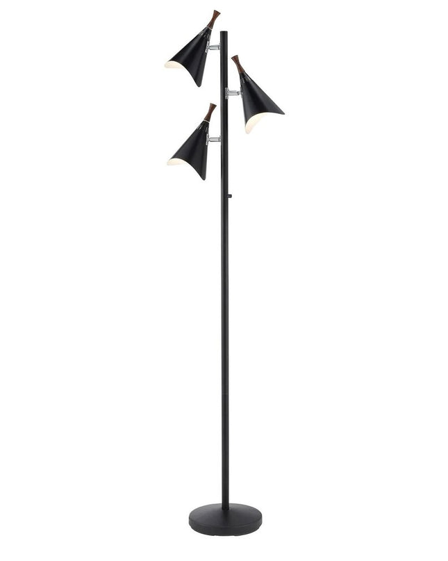 68" Black Three Light Tree Floor Lamp With Black Metal Cone Shade