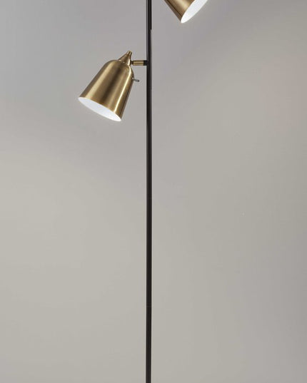 58" Black Two Light Task Floor Lamp With Antiqued Brass Metal Cone Shade