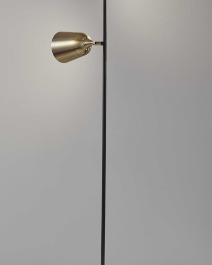 58" Black Two Light Task Floor Lamp With Antiqued Brass Metal Cone Shade
