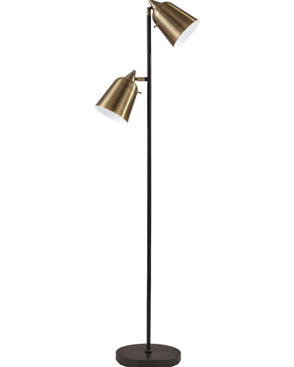58" Black Two Light Task Floor Lamp With Antiqued Brass Metal Cone Shade