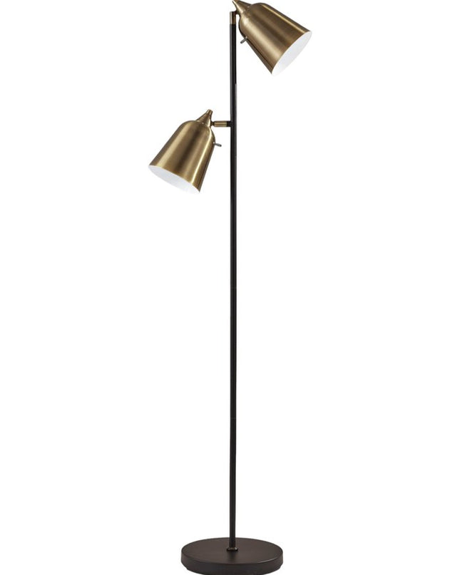 58" Black Two Light Task Floor Lamp With Antiqued Brass Metal Cone Shade