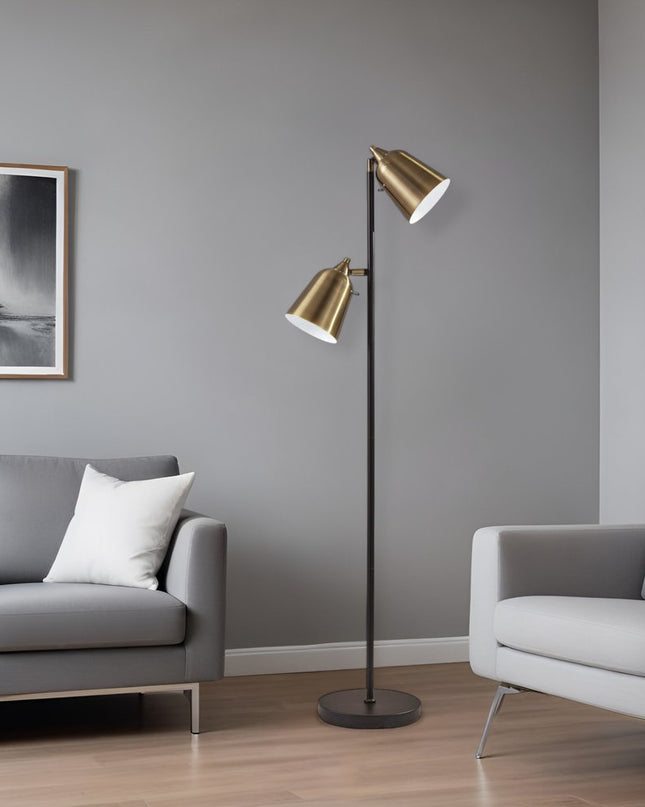 58" Black Two Light Task Floor Lamp With Antiqued Brass Metal Cone Shade