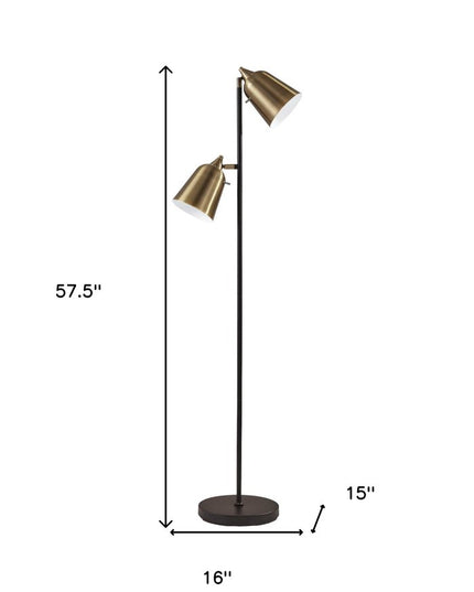 58" Black Two Light Task Floor Lamp With Antiqued Brass Metal Cone Shade