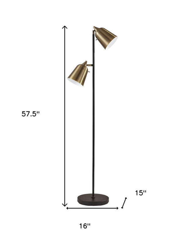 58" Black Two Light Task Floor Lamp With Antiqued Brass Metal Cone Shade