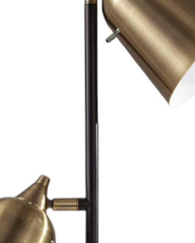 58" Black Two Light Task Floor Lamp With Antiqued Brass Metal Cone Shade