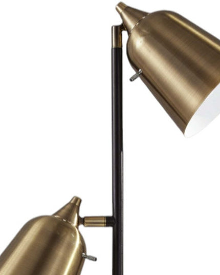 58" Black Two Light Task Floor Lamp With Antiqued Brass Metal Cone Shade