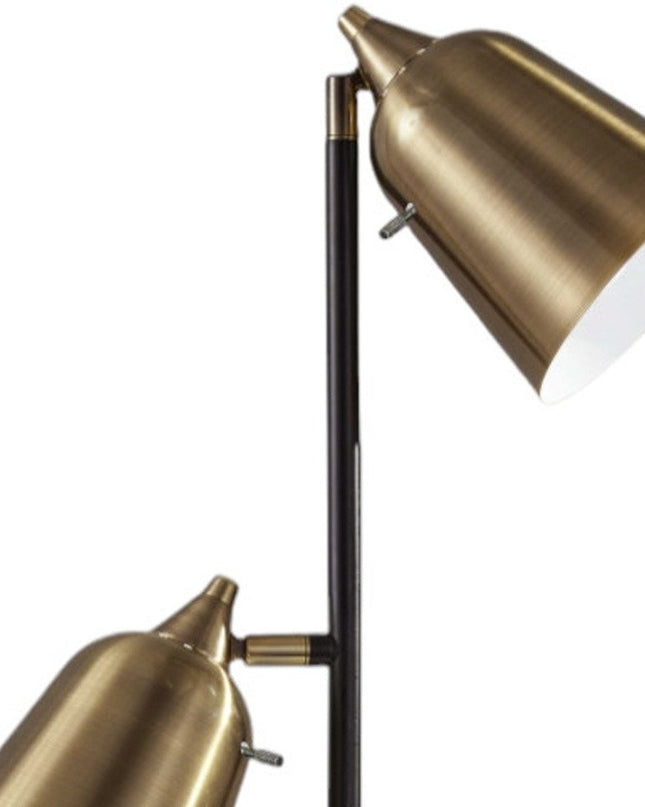 58" Black Two Light Task Floor Lamp With Antiqued Brass Metal Cone Shade