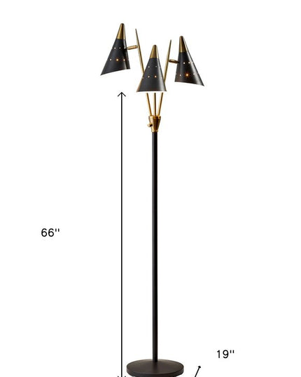 66" Black And Gold Metal Three Light Novelty Floor Lamp With Black Metal Cone Shade