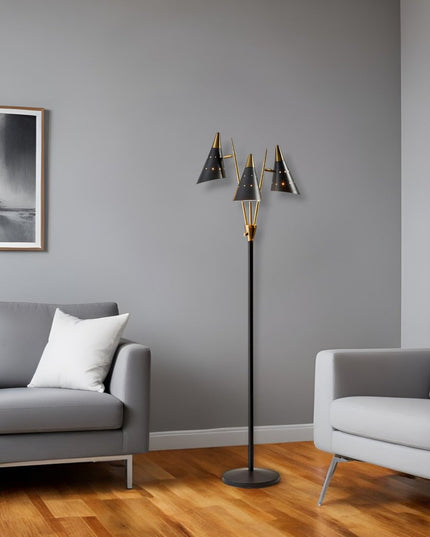 66" Black And Gold Metal Three Light Novelty Floor Lamp With Black Metal Cone Shade