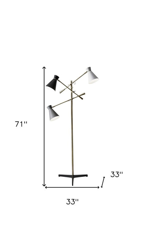 71" Brass Metal Novelty Floor Lamp With Black And White Iron Cone Shade