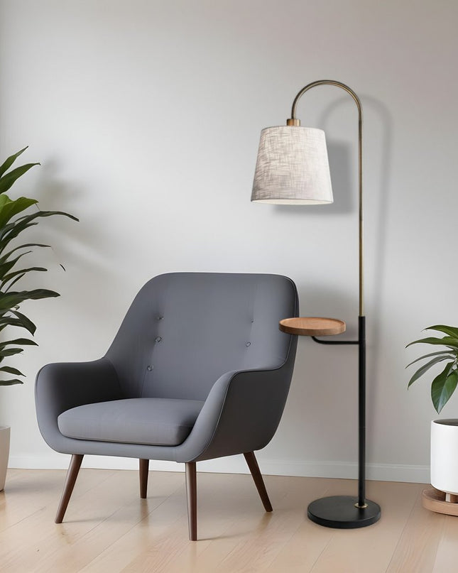 65" Black And Brass Tray Table Floor Lamp With Off White Linen Empire Shade