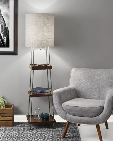 63" Brown And White Column Floor Lamp With White Fabric Drum Shade