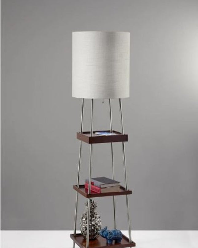 63" Brown And White Column Floor Lamp With White Fabric Drum Shade