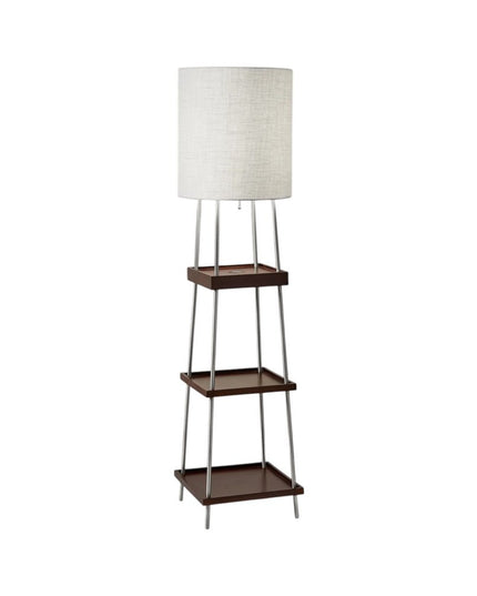 63" Brown And White Column Floor Lamp With White Fabric Drum Shade