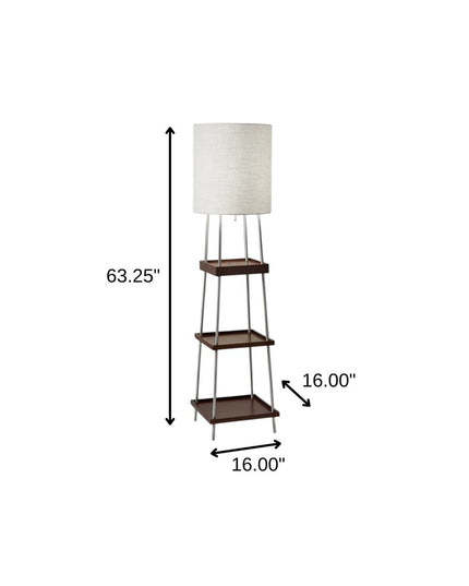 63" Brown And White Column Floor Lamp With White Fabric Drum Shade