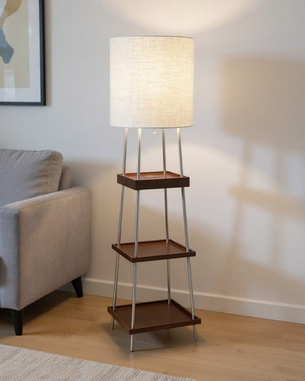 63" Brown And White Column Floor Lamp With White Fabric Drum Shade