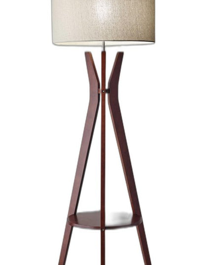 60" Brown And White Solid Wood Tripod Floor Lamp With White Fabric Drum Shade
