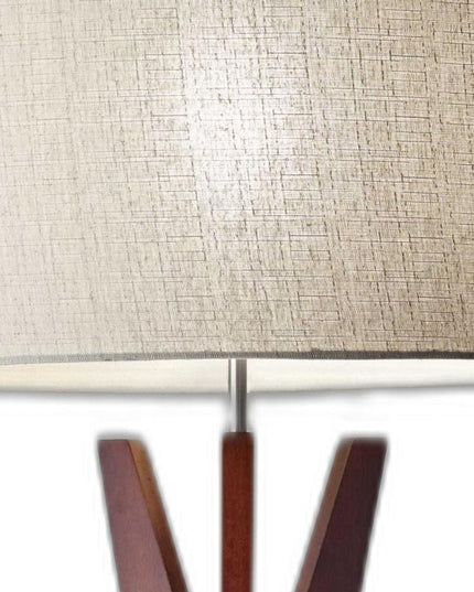 60" Brown And White Solid Wood Tripod Floor Lamp With White Fabric Drum Shade