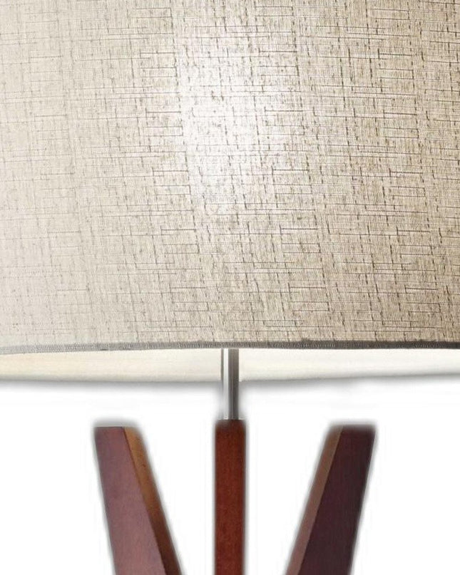 60" Brown And White Solid Wood Tripod Floor Lamp With White Fabric Drum Shade