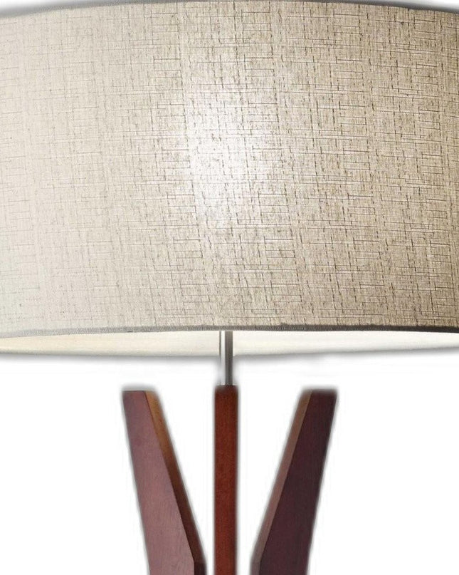 60" Brown And White Solid Wood Tripod Floor Lamp With White Fabric Drum Shade