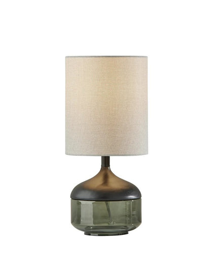 16" Black And Dark Green Wood And Smoked Glass Table Lamp With Beige Drum Shade