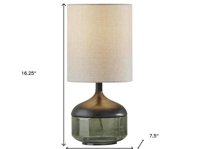 16" Black And Dark Green Wood And Smoked Glass Table Lamp With Beige Drum Shade