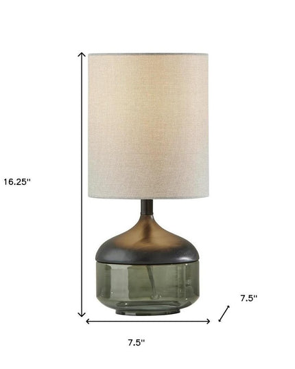 16" Black And Dark Green Wood And Smoked Glass Table Lamp With Beige Drum Shade