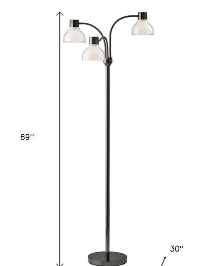 69" Black And White Metal Three Light Tree Floor Lamp With White Bowl Shade