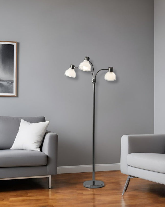 69" Black And White Metal Three Light Tree Floor Lamp With White Bowl Shade