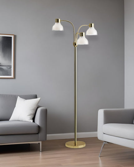 69" Black And White Metal Three Light Tree Floor Lamp With White Bowl Shade