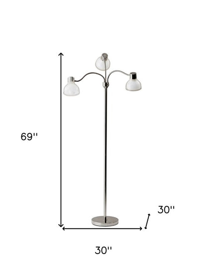 69" Black And White Metal Three Light Tree Floor Lamp With White Bowl Shade