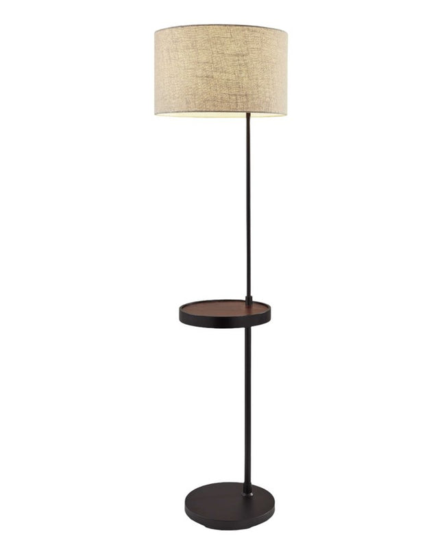 64" Beige And Black Tray Table Floor Lamp With Beige Fabric Drum Shade