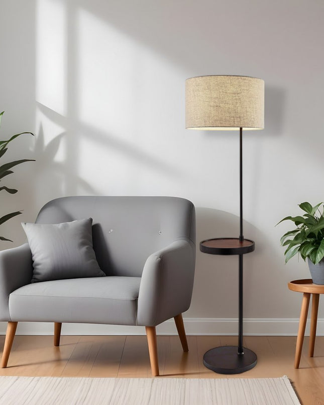 64" Beige And Black Tray Table Floor Lamp With Beige Fabric Drum Shade