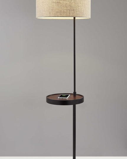 64" Beige And Black Tray Table Floor Lamp With Beige Fabric Drum Shade