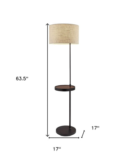 64" Beige And Black Tray Table Floor Lamp With Beige Fabric Drum Shade