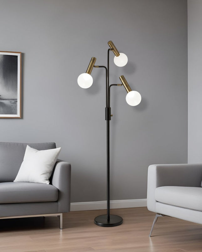 70" Black And Bronze Three Light LED Tree Floor Lamp With White