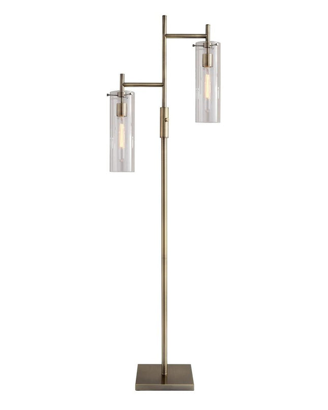 64" Brass Two Light Novelty Floor Lamp With Clear Glass Drum Shade