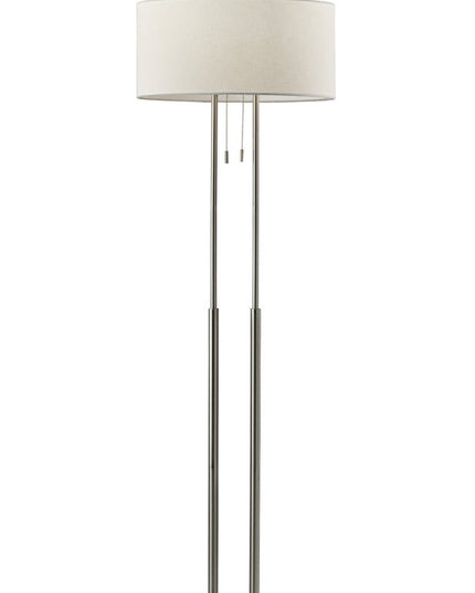 62" Silver Metal Task Floor Lamp With White Fabric Drum Shade