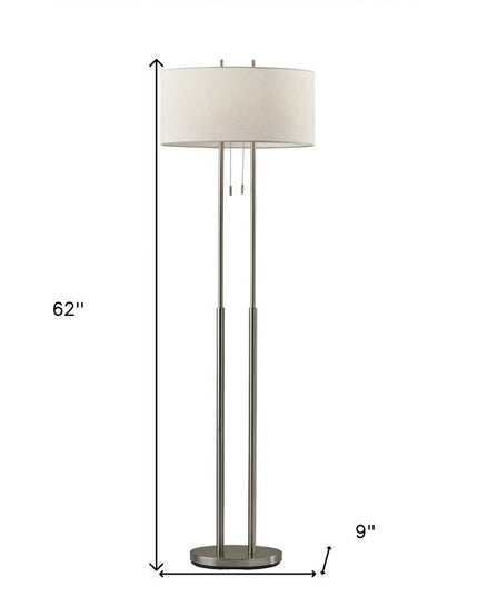 62" Silver Metal Task Floor Lamp With White Fabric Drum Shade