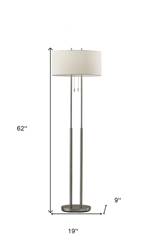 62" Silver Metal Task Floor Lamp With White Fabric Drum Shade