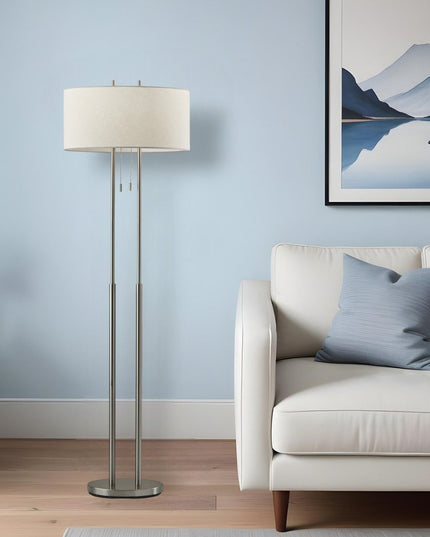 62" Silver Metal Task Floor Lamp With White Fabric Drum Shade