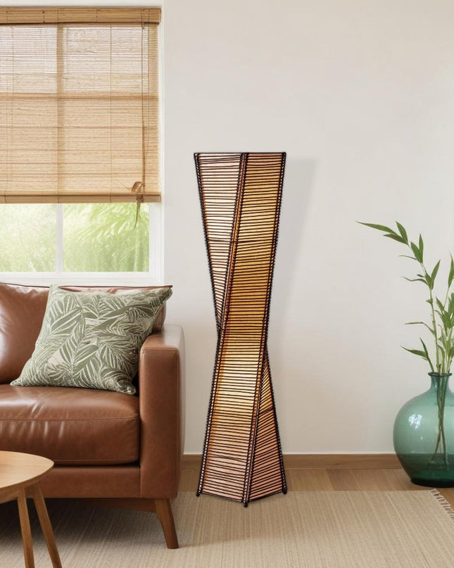 50" Black Floor Lamp With Black and Tan Twisted Cylinder Shade