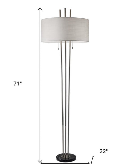 71" Silver Metal Two Light Floor Lamp With White Linen Drum Shade