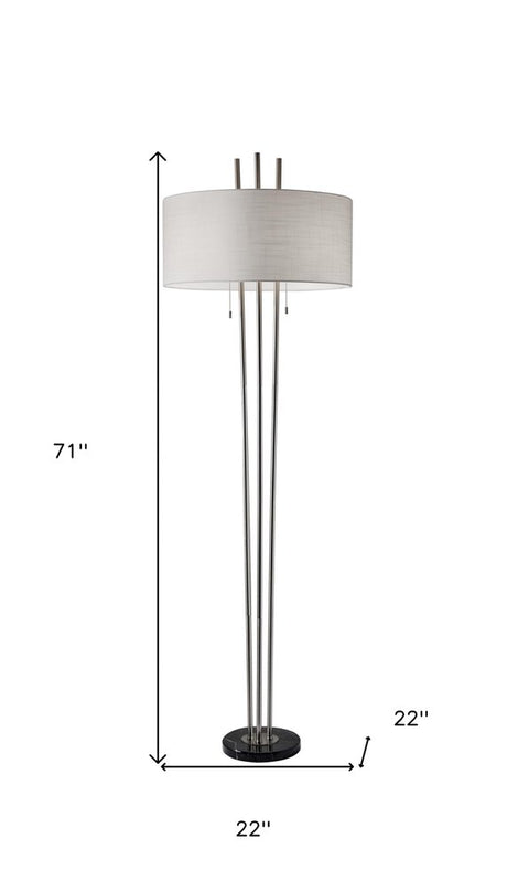 71" Silver Metal Two Light Floor Lamp With White Linen Drum Shade