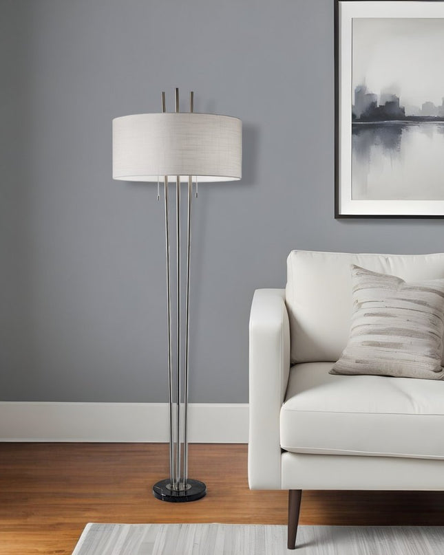 71" Silver Metal Two Light Floor Lamp With White Linen Drum Shade