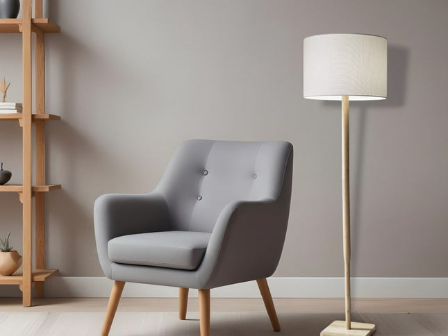 59" Natural Solid Wood Floor Lamp With White Linen Drum Shade