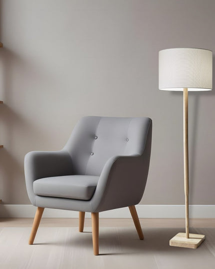 59" Natural Solid Wood Floor Lamp With White Linen Drum Shade