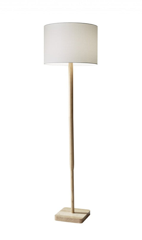59" Natural Solid Wood Floor Lamp With White Linen Drum Shade
